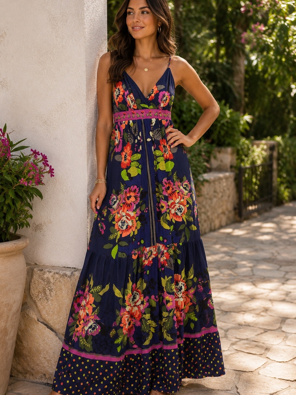 Navy Floral Maxi Dress with Bright Pink & Lime Accents